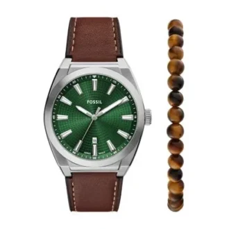 Everett trevisare med datum, brun läderklocka och armbandsset