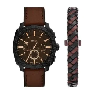 Machine Chronograph brun läderklocka och armbandsset