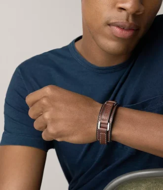 Machine Robust armband i rostfritt stål och brunt vadderat läder Machine Robust armband i rostfritt stål och brunt vadderat läder