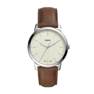Minimalistisk brun läderklocka med tre visare