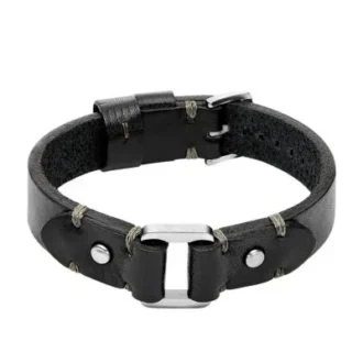 Robust armband i rostfritt stål och svart läderrem Robust armband i rostfritt stål och svart läderrem